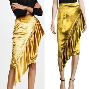 Milly Yellow Gold Angelina Midi Velvet Ruffle Skirt